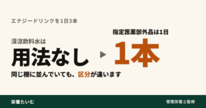 清涼飲料水には用法・用量がなく、指定医薬部外品は1日1本と決まっていることを対比した図