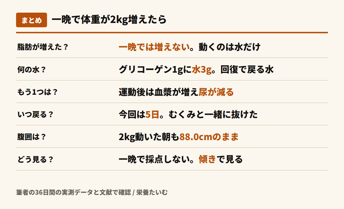 一晩で2kg増えた体重のまとめ図。脂肪は一晩で2kg増えない、犯人はグリコーゲンと共に貯まる水と血漿の増加、数日で尿として抜ける、腹囲は水に振り回されない、判定は傾きで見る