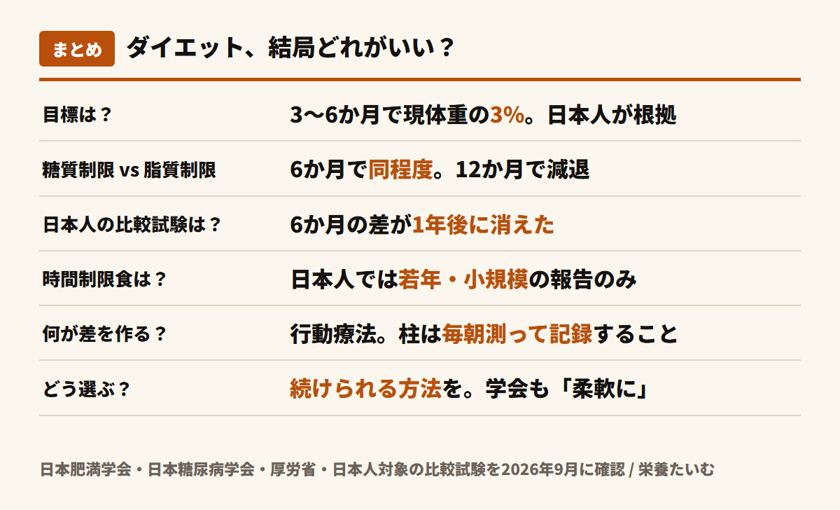 ダイエット方法の比較のまとめ。目標は3〜6か月で3%、糖質制限と脂質制限は6か月で同程度で12か月で減退、日本人RCTでも6か月の差が1年後に消えた、時間制限食は日本人ではまだ小規模、差を作るのは体重を毎朝測って記録すること